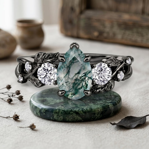 Sterling Silver 10K 14K 18K Gold 1-4CT Moss Agate Engagement Ring Promise Ring