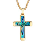 14K Gold Plated Wooden Abalone Shell Cross Pendant Necklacefor Men