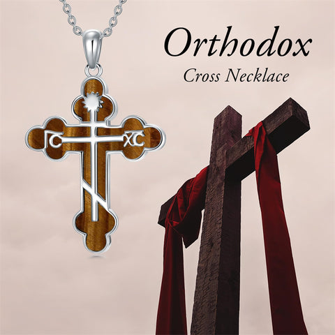 Sterling Silver Russian Eastern Orthodox Cross Pendant Necklace