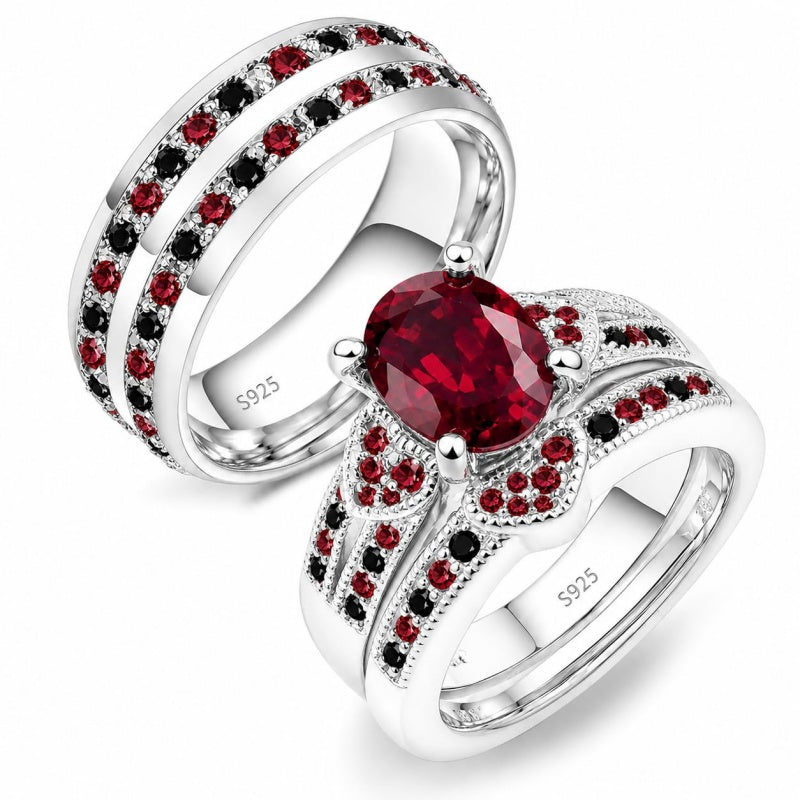 Sterling Silver 10K 14K 18K Gold Personalized Engraved  Halloween Dark Red Gemstone Couple Ring Set