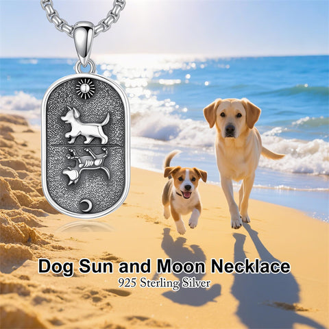 Sterling Silver Sun and Moon Skeleton Cat Dog Pendant Necklace