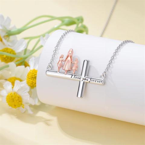 Sterling Silver Cross Father Daughter Mother Daughter Sister Pendant Necklace Engraved with I Love You Forever
