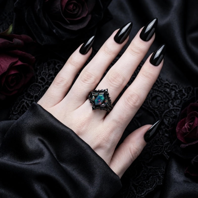 Sterling Silver 10K  14K  18K  Gold Personalized Engraved Black Opal Engagement Wedding Promise Ring for Her