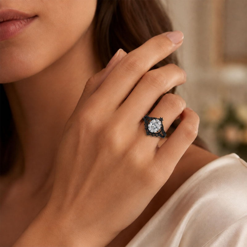 Sterling Silver 10K 14K 18K Gold Moissanite Gothic Black  Engagement Wedding Ring  for Women