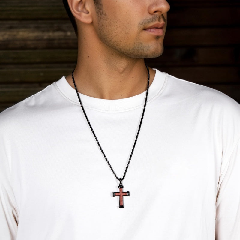 14K Gold Plated Wooden Abalone Shell Cross Pendant Necklacefor Men