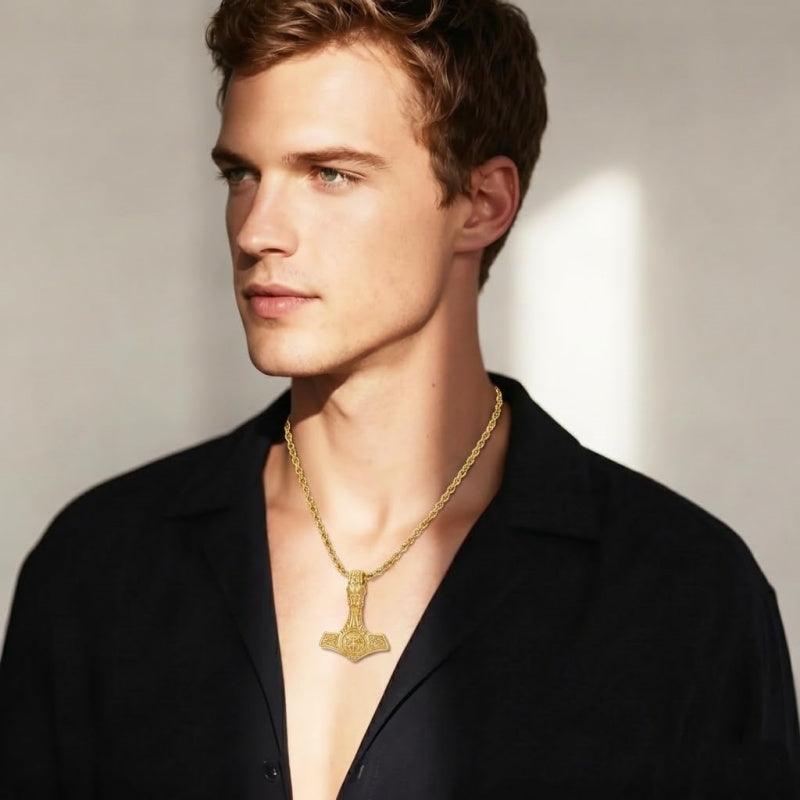 14K Gold Plated Celtic Knot Viking Thor Hammer Pendant Necklace