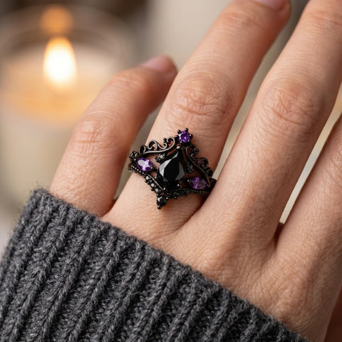 Sterling Silver 10K  14K  18K Gold 1CT-4CT Black Onyx Engagement Ring Gothic Wedding Promise Ring