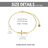 14k Gold Cross Anklets for Women, Real Pearl Religious Ankle Bracelet Gifts for Her, 9.4"+0.8"+0.8"