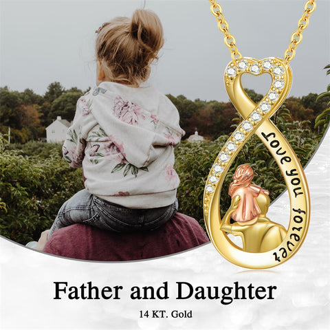 10K 14K 18K Real Gold Cubic Zirconia Daughter and Father Pendant Necklace with Engraved