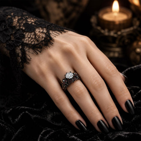 Sterling Silver 10K 14K 18K Gold Moissanite Gothic Black  Engagement Wedding Ring  for Women