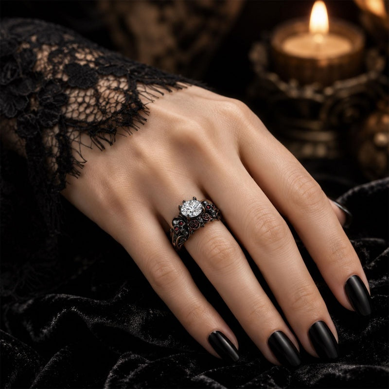 Sterling Silver 10K 14K 18K Gold Moissanite Gothic Black  Engagement Wedding Ring  for Women