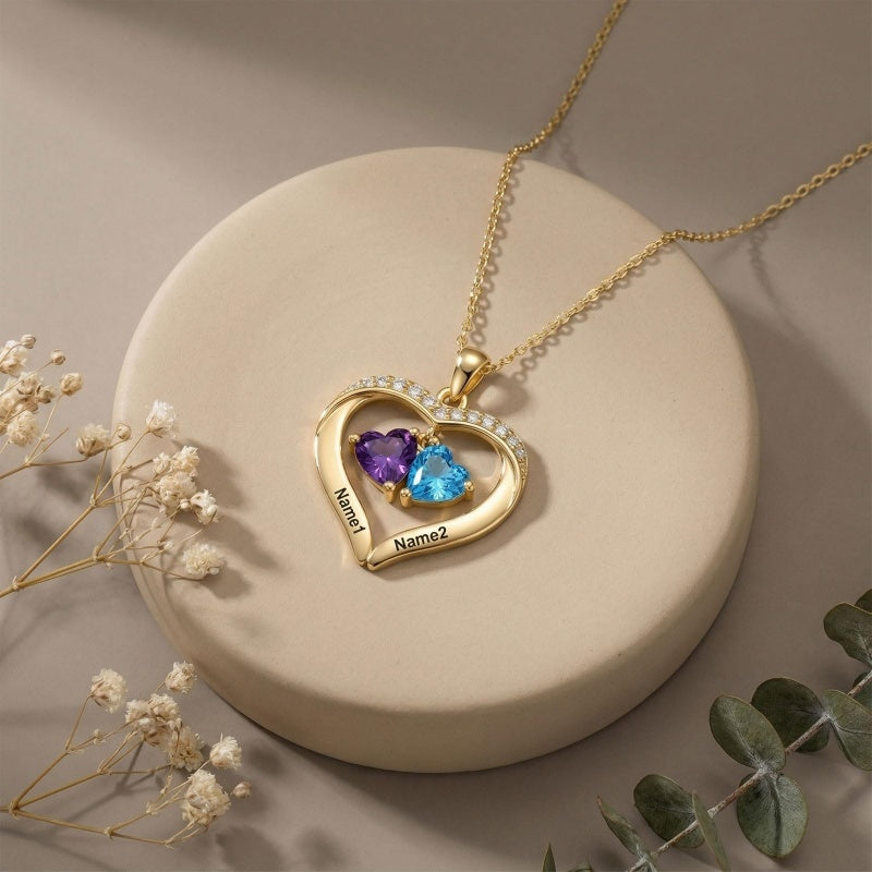14K Gold Plated Personalized 1-5 Heart Birthstone Names Necklace  for Women