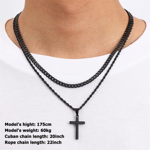 Sterling Silver Layered Cross Necklace for Men with Stainless Steel Cuban Link Rope Chain