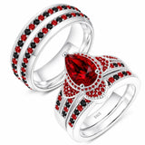 Sterling Silver 10K 14K 18K Gold Personalized Engraved  Halloween Dark Red Gemstone Couple Ring Set
