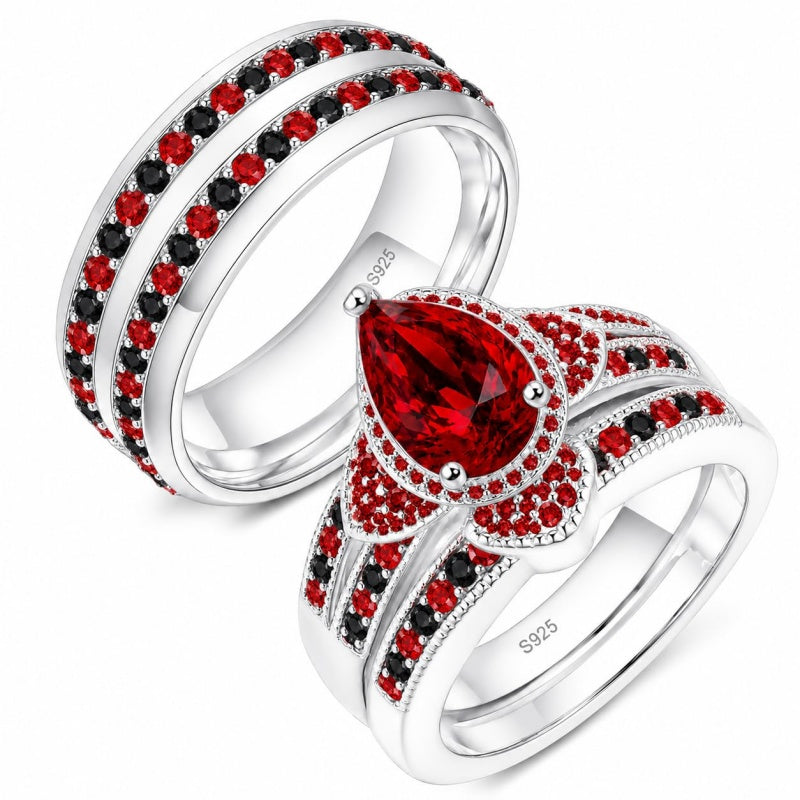 Sterling Silver 10K 14K 18K Gold Personalized Engraved  Halloween Dark Red Gemstone Couple Ring Set