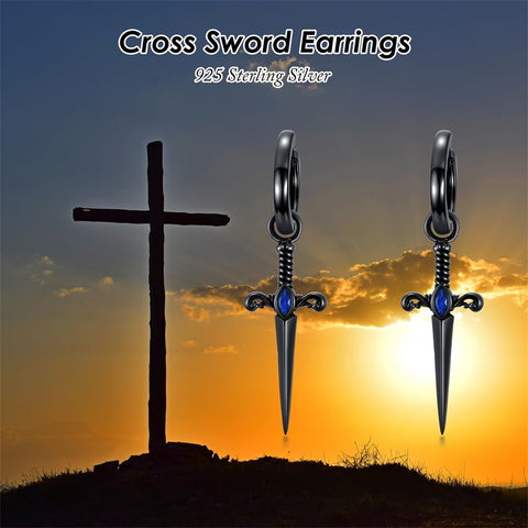 Sterling Silver Black Sword Cross Hoop Earrings Gift for Men Women
