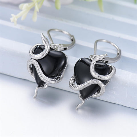 Sterling Silver Black Obsidian Snake Hummingbird Butterfly Dragonfly Leverback Earrings