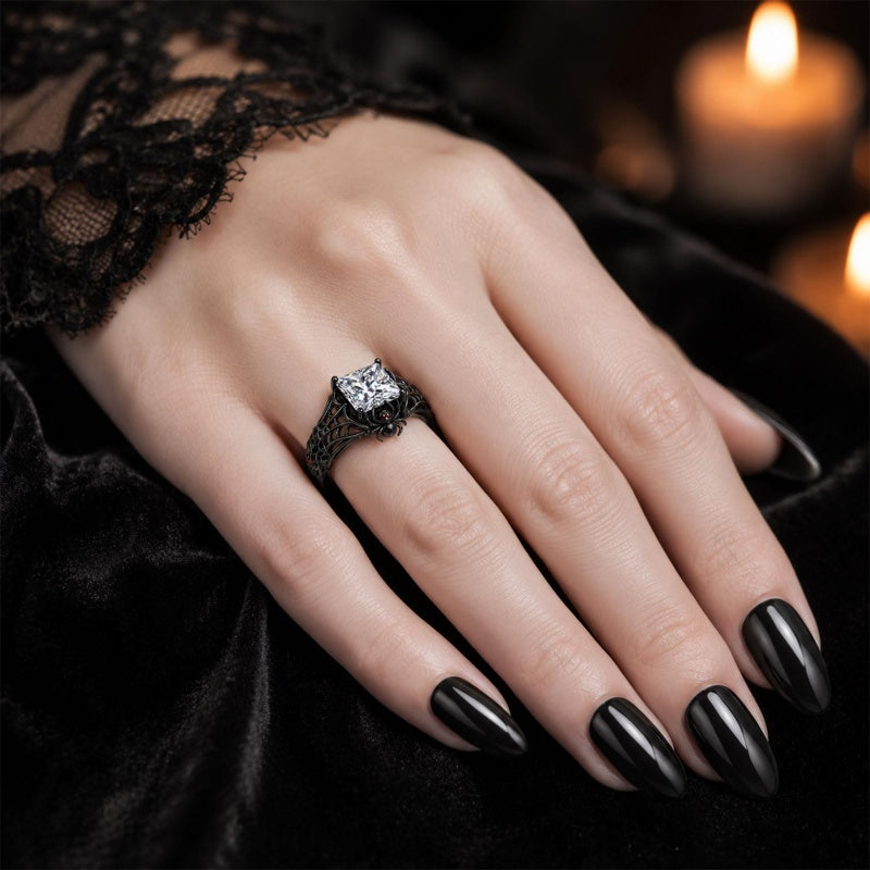 Sterling Silver 10K 14K 18K Gold Moissanite Gothic Black  Engagement Wedding Ring  for Women