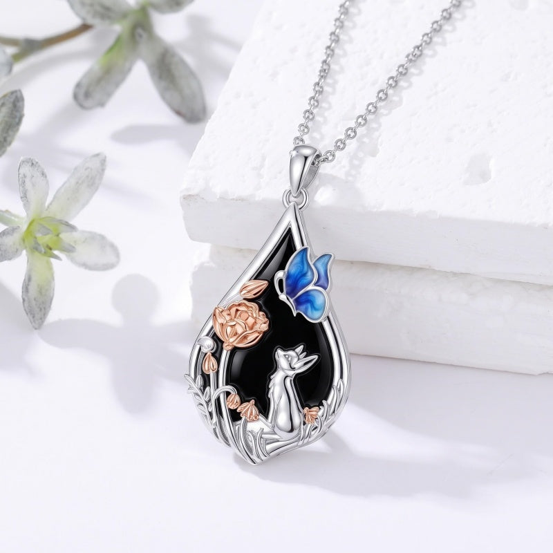 Sterling Silver Obsidian Bunny Cat Elephant Dog Fox Teardrop Pendant Necklace