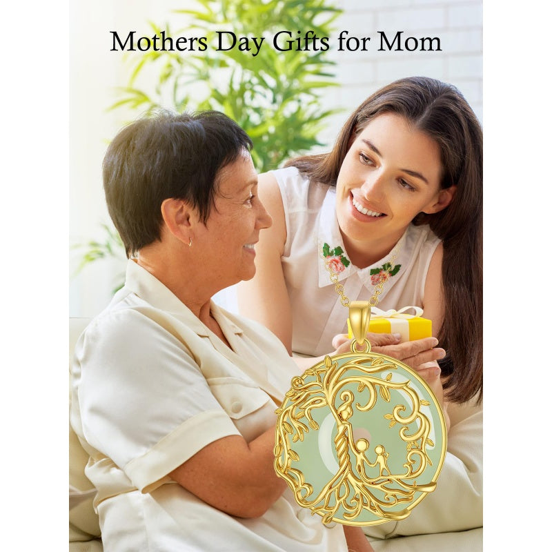 14k Gold Plated Sterling Silver Round Jade Tree of Life Necklace Good Fortune Jewelry for Women