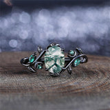Sterling Silver 10K 14K 18K Gold Natural Leaf  Moss Agate Engagement Anniversary Couple Ring Sets