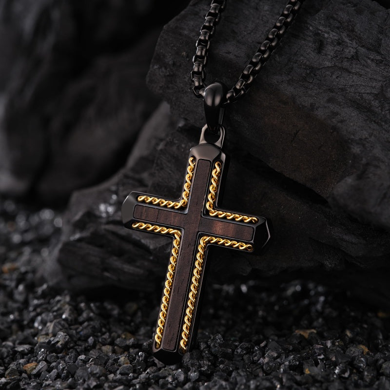 14K Gold Plated Wooden Cross Necklace Jewelry Gift for Him