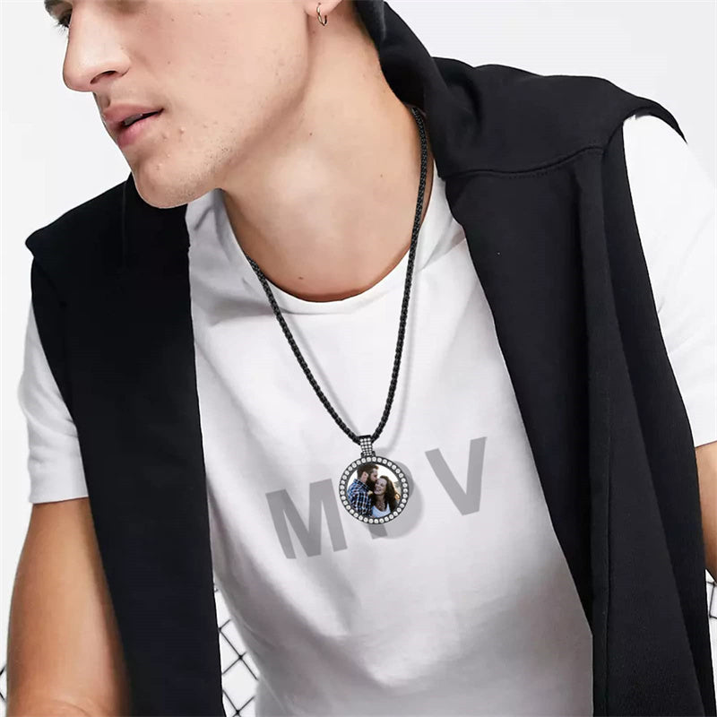 Copper  Cubic Zirconia Round Personalized Photo Engraved Pendant Necklace