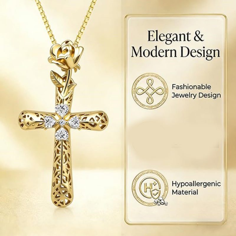 14K Gold Plated  Cubic Zirconia  Filigree Pendant Rose Cross Necklace
