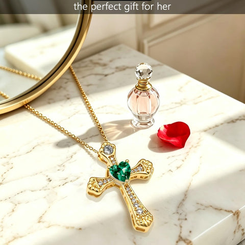 14K Gold Plated Heart Cut Cubic Zirconia Cross  Pendant Necklace For Women Religious Faith Jewelry