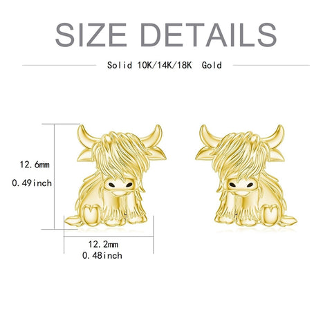 10K 14K 18K Solid Gold Highland Cow Stud Earrings