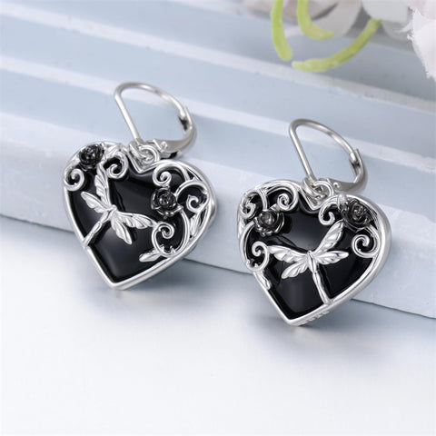 Sterling Silver Black Obsidian Snake Hummingbird Butterfly Dragonfly Leverback Earrings