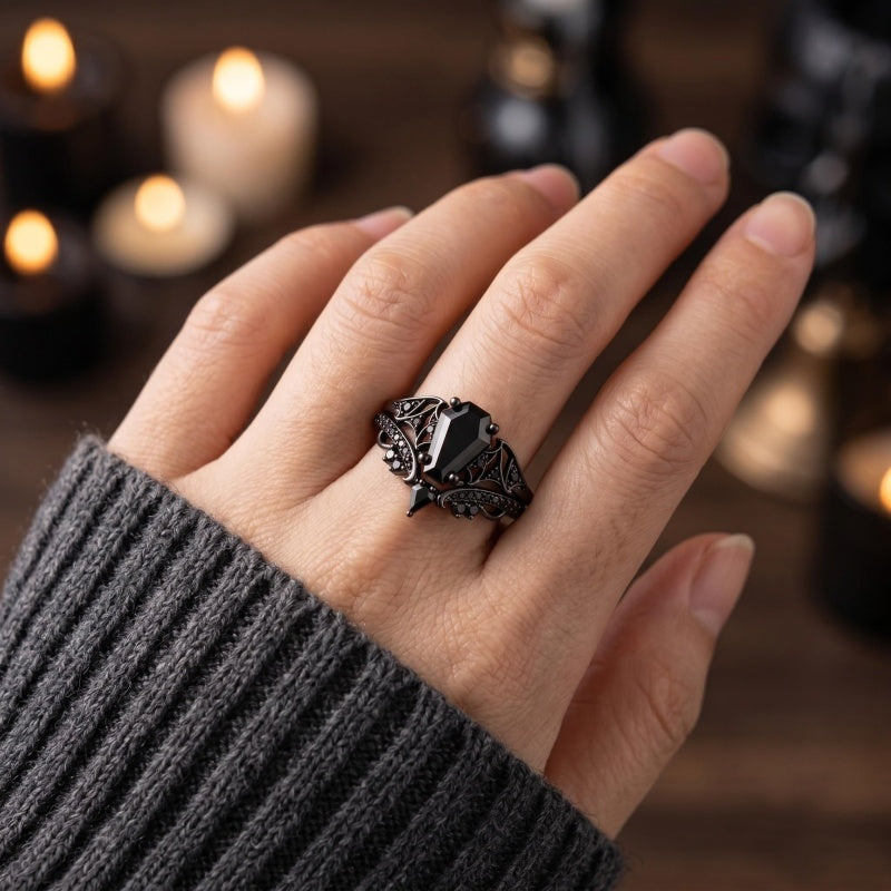 Sterling Silver 10K  14K  18K Gold 1CT-4CT Black Onyx Engagement Ring Gothic Wedding Promise Ring