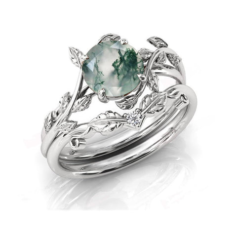 Sterling Silver Natural Moss Agate Blue Sandstone Opal Set Engagement Wedding Ring