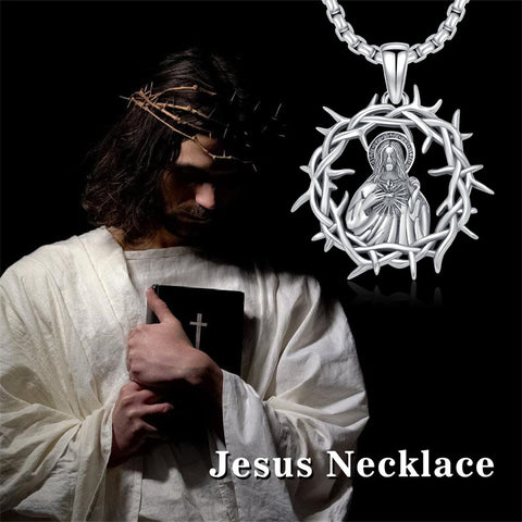 Sterling Silver Crown of Thorns Jesus St Benedict St Michael Pendant Necklace