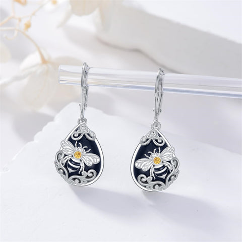 Sterling Silver Filigree Black Onyx  Bee Hummingbird Leverback Earrings