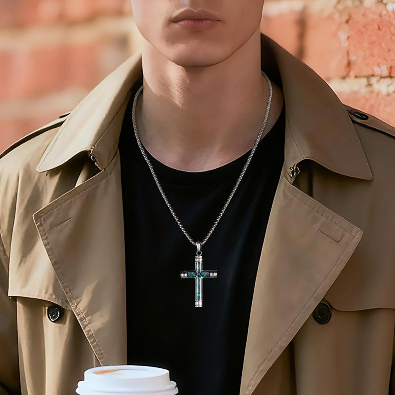14K Gold Plated Wooden Abalone Shell Cross Pendant Necklacefor Men