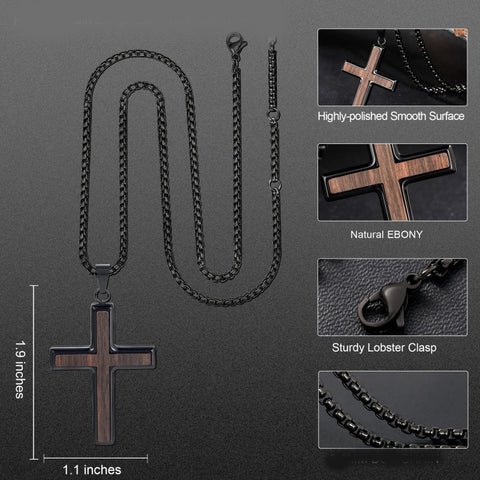 14K Gold Plated Wooden Cross Necklace for Men with Stainless Steel Adjustable Chain