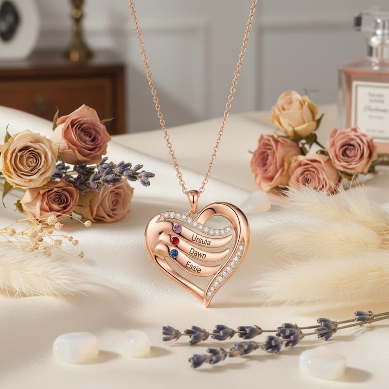10K 14K 18K Gold  Personalized 1-4 Birthstones Engraved Heart Necklace for Women