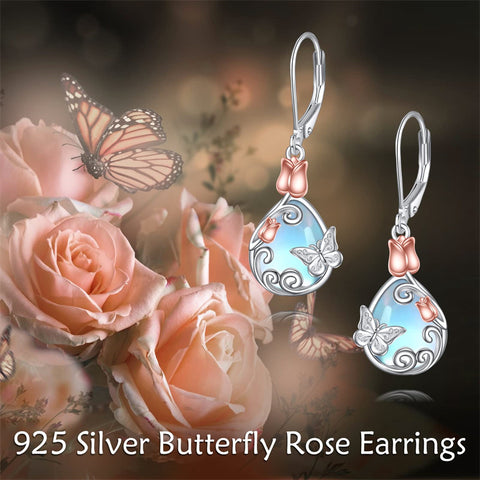 Sterling Silver Teardrop Quartz  Blue Sandstone Moonstone Turquoise Rose Filigree Leverback Earrings