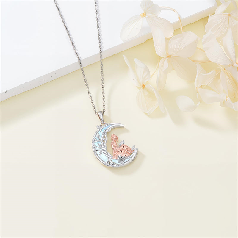 Sterling Silver Moonstone Tree of Life Art Book Pendant Necklace for Book Lover