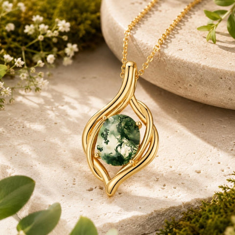 14K Gold Plated Moss Agate Pendant Necklace Boho Jewelry for Women