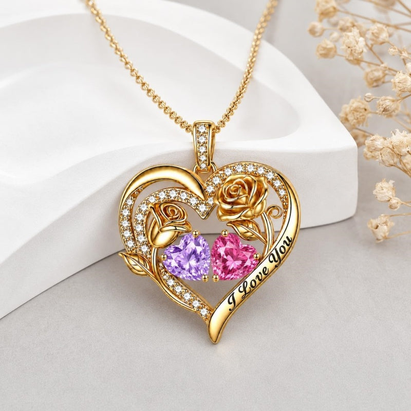 14K Gold Plated Double Heart Birthstone Rose Pendant Necklace for Women