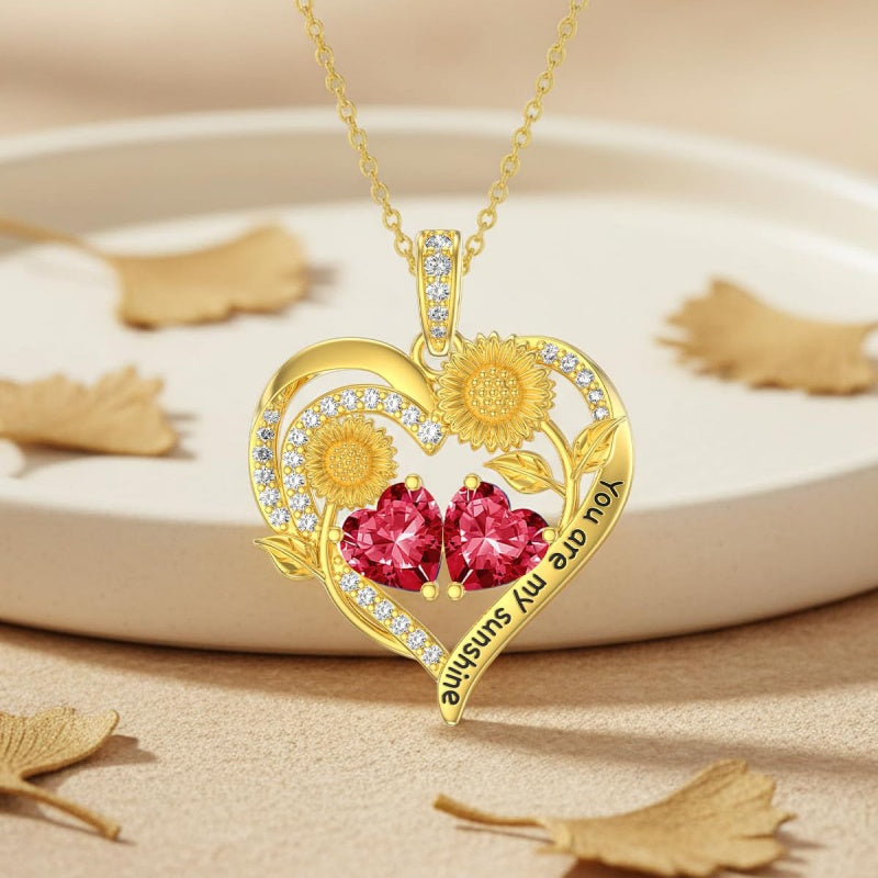 Double Birthstone Necklace 14K Gold Plated You Are My Sunshine Sunflower Necklace Heart Pendant Necklace