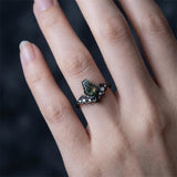 Sterling Silver 10K 14K  18K Gold Personalized Engraved Moss Agate Gothic Promise Wedding Engagement Black Ring Set