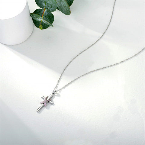 Sterling Silver Breast Cancer Awareness Cross Butterfly Dragonfly Pendant Necklace