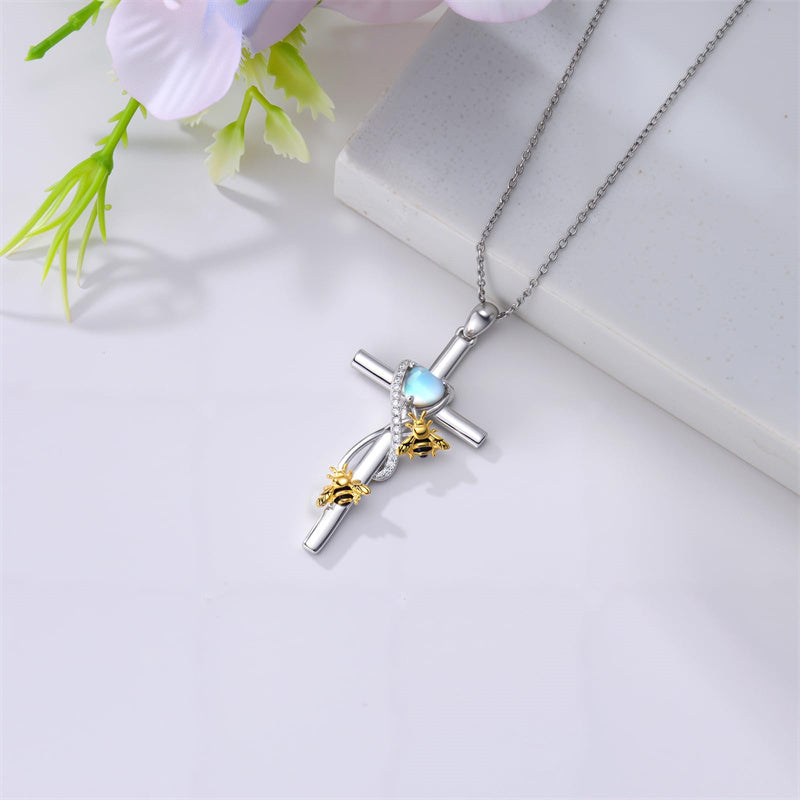 Sterling Silver Cross Moonstone Dragonfly Butterfly Bee Hummingbird Ladybug Pendant  Necklace for Women
