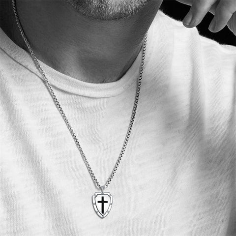 Sterling Silver Knights Templar & Cross Shield Pendant Necklace for Men