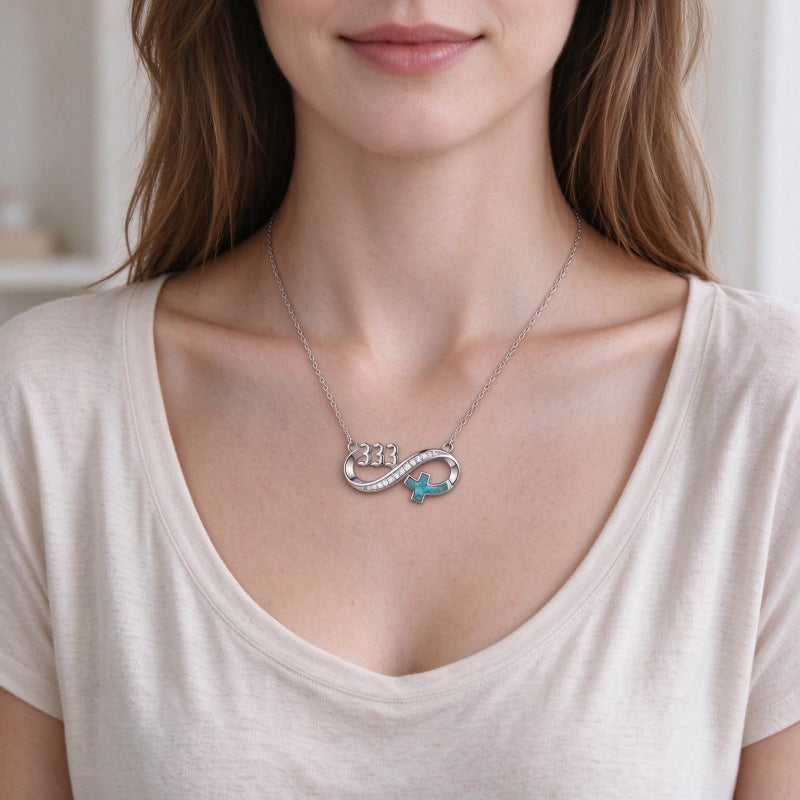 Sterling Silver Turquoise & Zirconia Infinity  111 222 333 444 777 Angel Number Pendant Necklace for Women