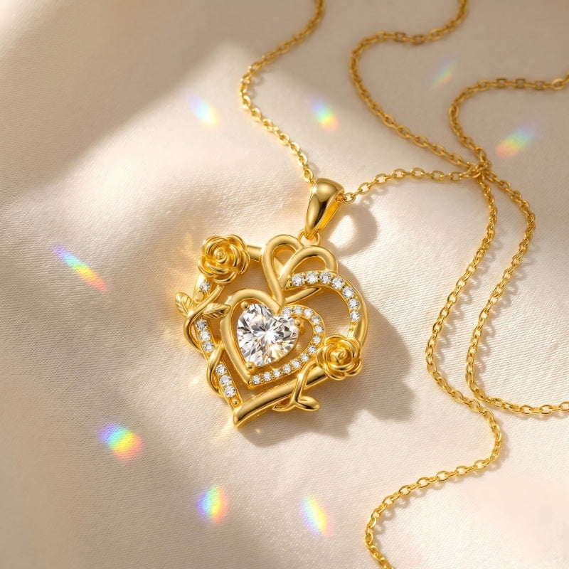 Heart Rose Pendant Necklace for Women  14K Gold Plated Mothers Day  Anniversary Birthday Gift