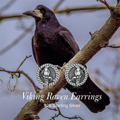 Sterling Silver Viking Raven Crow Skull Stud Earrings